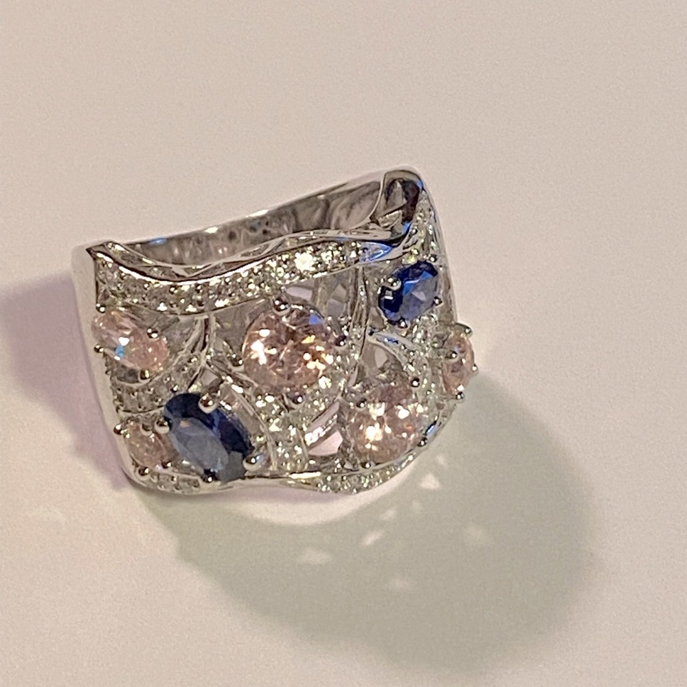 Sterling silver ring with pink, blue and clear stones